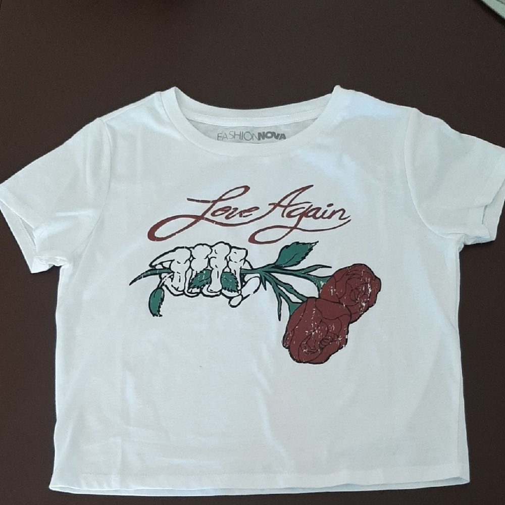 Fashion Nova Love Again Skeleton Hand Rose Graphic Tee White Short Sleeve Crop